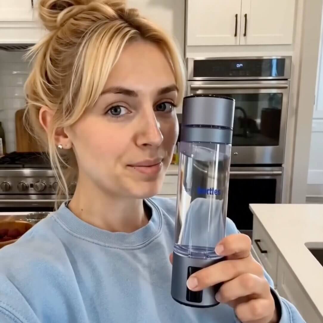 Verified customer Emily Carter with the ATOM hydrogen water bottle in her kitchen